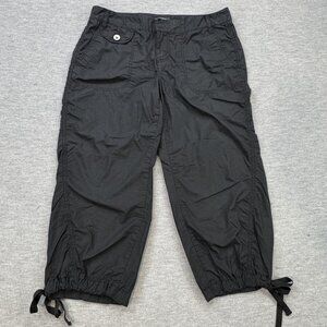 Express Womens Black Capri Pants Mid Rise Flap Pockets Cuff Ties Cotton Size 4